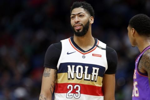 New Orleans Pelicans forward Anthony Davis (23) in the first half of an NBA basketball game in New Orleans, Saturday, March 16, 2019. (AP Photo/Tyler Kaufman)