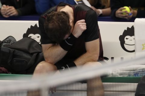 Andy Murray of Britain reacts after winning the European Open final tennis match in Antwerp, Belgium, Sunday, Oct. 20, 2019. Murray defeated Stan Wawrinka of Switzerland 3-6/6-4/6-4. (AP Photo/Francisco Seco)