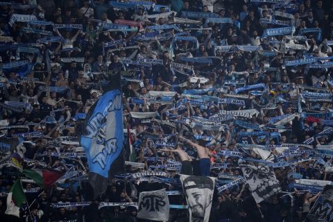 Fans cheer during the Europa League semifinal first leg soccer match between Olympique de Marseille and Atalanta at the Velodrome stadium in Marseille, France, Thursday, May 2, 2024. (AP Photo/Daniel Cole)