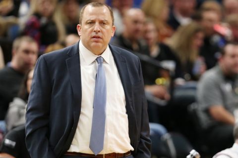 MINNEAPOLIS, MN - OCTOBER 21: Head Coach Tom Thibodeau of the Minnesota Timberwolves looks on during the game against the Charlotte Hornets on October 21, 2016 at Target Center in Minneapolis, Minnesota. NOTE TO USER: User expressly acknowledges and agrees that, by downloading and or using this Photograph, user is consenting to the terms and conditions of the Getty Images License Agreement. Mandatory Copyright Notice: Copyright 2016 NBAE (Photo by Jordan Johnson/NBAE via Getty Images)