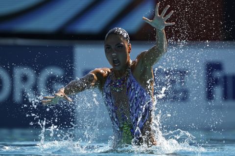 Greece's Evangelia Platanioti competes during solo technical final of artistic swimming at the 19th FINA World Championships in Budapest, Hungary, Saturday, June 18, 2022. (AP Photo/Anna Szilagyi)