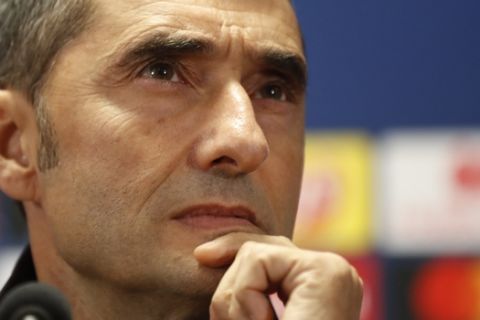Barcelona's head coach Ernesto Valverde during a press conference prior to Wednesday's Group F Champions League soccer match between Slavia Praha and FC Barcelona in Prague, Czech Republic, Tuesday, Oct. 22, 2019. (AP Photo/Petr David Josek)