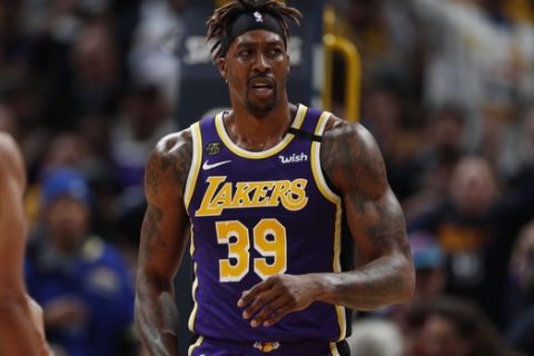 Los Angeles Lakers center Dwight Howard (39) in the second half overtime of an NBA basketball game Wednesday, Feb. 12, 2020, in Denver. The Lakers won 120-116 in overtime. (AP Photo/David Zalubowski)