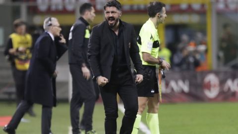 AC Milan coach Gennaro Gattuso celebrates his side's 1-0 win at the end of the Serie A soccer match between AC Milan and Sassuolo, at the San Siro stadium in Milan, Italy, Saturday, March 2, 2019. (AP Photo/Luca Bruno)