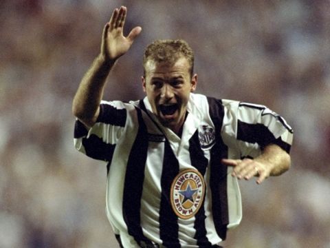21 Aug 1996:  Alan Shearer of Newcastle United celebrates scoring his first goal for the Magpies during an FA Carling Premiership match against Wimbledon at St James' Park in Newcastle, England. Newcastle United won the match 2-0. \ Mandatory Credit: Stu  Forster/Allsport