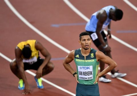 South Africa's Wayde Van Niekerk reacts after winning the Men's 400 meters final at the World Athletics Championships in London Tuesday, Aug. 8, 2017. (AP Photo/Martin Meissner)