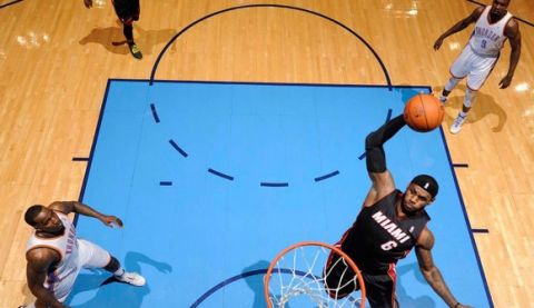 #6 LeBron James
#9 Serge Ibaka
NBA Basketball:  Miami Heat vs. Oklahoma City Thunder
Game Action
Chesapeake Energy Arena/Oklahoma City, OK, USA
2/20/2014
X157760 TK1
Credit: Greg Nelson for Sports Illustrated