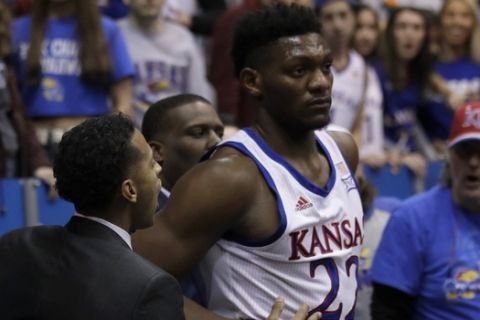 Kansas forward Silvio De Sousa (22) after a brawl during the second half of an NCAA college basketball game against Kansas State in Lawrence, Kan., Tuesday, Jan. 21, 2020. Kansas defeated Kansas State 81-59. (AP Photo/Orlin Wagner)