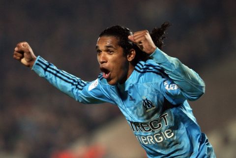 Marseille's Brandao reacts after his team scores against Bordeaux during his French League one soccer match in Bordeaux, southwestern France, Sunday Jan. 17, 2010. (AP Photo/Bob Edme)