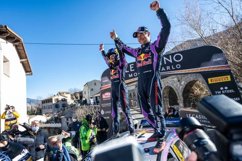 Sébastien Loeb (FRA) and Isabelle Galmiche (FRA) of team M-SPORT FORD WORLD RALLY TEAM celebrate their victory during World Rally Championship in Monte Carlo, Monaco on January 23, 2022. // SI202201230102 // Usage for editorial use only // 