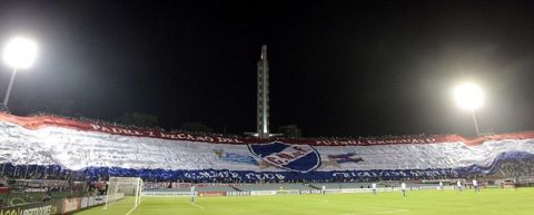 Fans of Nacional display a giant flag during a Copa Libertadores soccer match against Mexico's Toluca in Montevideo April 4, 2013. REUTERS/Andres Stapff (URUGUAY - Tags: SPORT SOCCER)