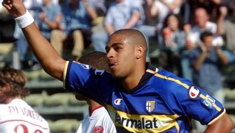Parma's Adriano of Brazil celebrates after scoring, during the Italian first division soccer game between Parma and Perugia, at the Parma stadium Sunday, Sept. 14, 2003.  Parma won 3-0. (AP Photo/Marco Vasini)
