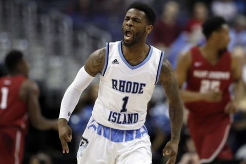 Rhode Island guard Jarvis Garrett (1) reacts during the second half of an NCAA college basketball semifinal game against Saint Joseph's in the Atlantic 10 Conference tournament, Saturday, March 10, 2018, in Washington. Rhode Island won 90-87. (AP Photo/Alex Brandon)