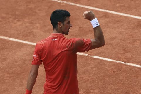 Serbia's Novak Djokovic reacts during his final match of the French Open tennis tournament against Norway's Casper Ruud at the Roland Garros stadium in Paris, Sunday, June 11, 2023. (AP Photo/Aurelien Morissard)