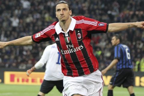 FILE - In this Sunday, May 6, 2012 filer, AC Milan forward Zlatan Ibrahimovic, of Sweden, celebrates after scoring during the Serie A soccer match between Inter Milan and AC MIlan at the San Siro stadium in Milan, Italy. Ibrahimovic will join AC Milan, the Milanese club announced Friday, Dec. 27, 2019 on its official twitter page. (AP Photo/Antonio Calanni, File)