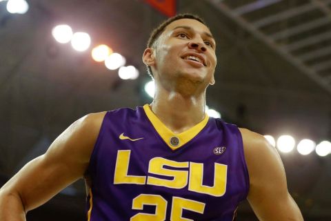 Jan 9, 2016; Gainesville, FL, USA; LSU Tigers forward Ben Simmons (25) smiles as he looks on against the Florida Gators during the first half at Stephen C. O'Connell Center. Mandatory Credit: Kim Klement-USA TODAY Sports
