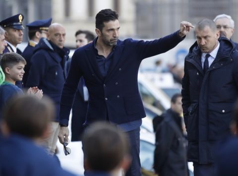 Juventus' Gianluigi Buffon arrives for the funeral ceremony of Italian player Davide Astori in Florence, Italy, Thursday, March 8, 2018. The 31-year-old Astori was found dead in his hotel room on Sunday after a suspected cardiac arrest before his team was set to play an Italian league match at Udinese. (AP Photo/Alessandra Tarantino)