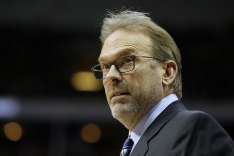 New York Knicks head coach Kurt Rambis looks on from the sidelines during the first half of an NBA basketball game against the Dallas Mavericks Wednesday, March 30, 2016, in Dallas. (AP Photo/LM Otero)  
