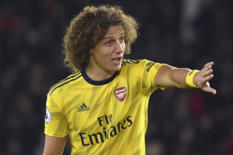 Arsenal's David Luiz during the English Premier League soccer match between Sheffield United and Arsenal at Bramall Lane in Sheffield, England, Monday, Oct. 21, 2019. (AP Photo/Rui Vieira)