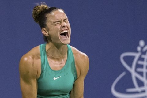 Maria Sakkari, of Greece, reacts after losing a point to Danielle Collins, of the United States, during the semifinals of the Mubadala Silicon Valley Classic tennis tournament in San Jose, Calif., Saturday, Aug. 4, 2018. Sakkari won 3-6, 7-5, 6-2. (AP Photo/John Hefti)