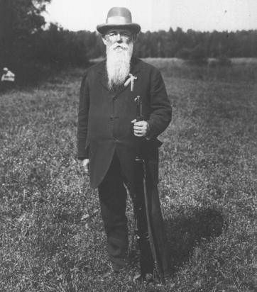 6-15 Jul 1912:  Portrait of Oscar Swahn of Sweden, a competitor in the  Running Deer Shooting event, standing with his rifle during the 1912 Olympic Games in Stockholm, Sweden. Swahn won the Individual bronze medal for the Double Shot event, was placed fifth in the Single Shot event and won a gold medal in the Team event. \ Mandatory Credit: IOC Olympic Museum  /Allsport