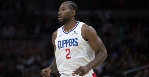 Los Angeles Clippers forward Kawhi Leonard in an NBA preseason basketball game against the Denver Nuggets in Los Angeles Thursday, Oct. 10, 2019. (AP Photo/Kyusung Gong)