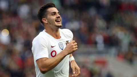 Portugal's Andre Silva celebrates after scoring the opening goal during a friendly soccer match between Portugal and Tunisia in Braga, Portugal, Monday, May 28, 2018. (AP Photo/Armando Franca)