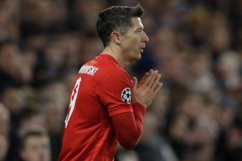Bayern's Robert Lewandowski reacts after a missed scoring opportunity during a first leg, round of 16, Champions League soccer match between Chelsea and Bayern Munich at Stamford Bridge stadium in London, England, Tuesday Feb. 25, 2020. (AP Photo/Kirsty Wigglesworth)