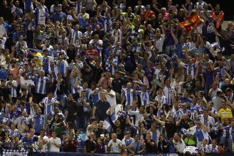 Leganes' players celebrate after scoring their second side's goal during the Spanish La Liga soccer match between Leganes and FC Barcelona at the Butarque stadium in Leganes, Spain, Wednesday, Sept. 26, 2018. (AP Photo/Manu Fernandez)