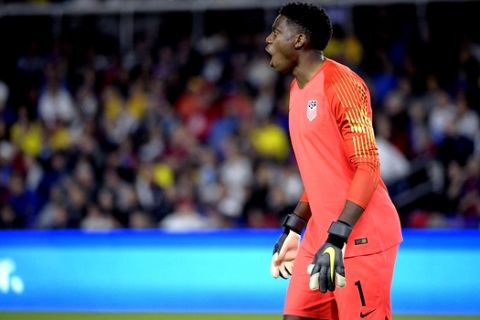 United States goalkeeper Sean Johnson (1) calls out instructions during the second half of an international friendly soccer match against Ecuador Thursday, March 21, 2019, in Orlando, Fla. (AP Photo/Phelan M. Ebenhack)