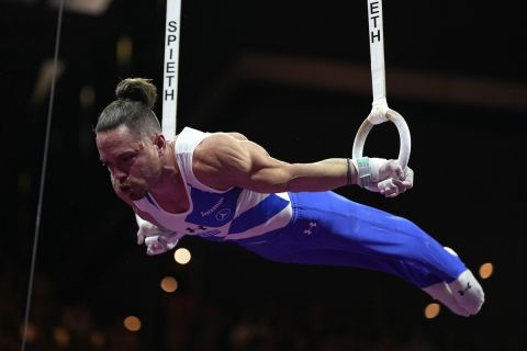 Greece's Eleftherios Petrounias competes during the men's rings final at the European Gymnastics Championships in Munich, Germany, Sunday, Aug. 21, 2022. (AP Photo/Pavel Golovkin)