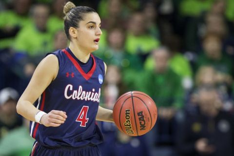 Robert Morris Anna Niki Stamolamprou (4) brings the ball downcourt during a first-round game against Notre Dame in the womens NCAA college basketball tournament, Friday, March 17, 2017, in South Bend, Ind. Notre Dame won 79-49. (AP Photo/Robert Franklin)
