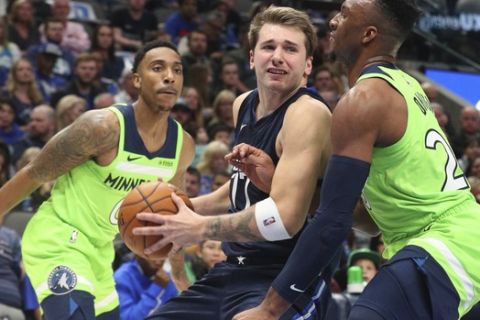 Dallas Mavericks forward Luka Doncic (77) tries to get past Minnesota Timberwolves guard Josh Okogie (20) for a shot in the second quarter of an NBA basketball game Wednesday, Dec. 4, 2019, in Dallas. (AP Photo/Richard W. Rodriguez)