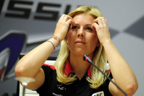 Formula One team Marussia driver  Maria De Villota of Spain speaks during a press conference in Madrid on March 9, 2012.  AFP PHOTO/JAVIER SORIANO. (Photo credit should read JAVIER SORIANO/AFP/Getty Images)