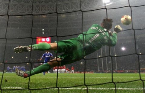 Manchester United's Dutch goalkeeper Edwin van der Sar saves a penalty by Chelsea's French forward Nicolas Anelka to win the final of the UEFA Champions League football match at the Luzhniki stadium in Moscow on May 21, 2008. The match remained at a 1-1 draw and Manchester won on penalties. AFP PHOTO / Franck Fife (Photo credit should read FRANCK FIFE/AFP/Getty Images)