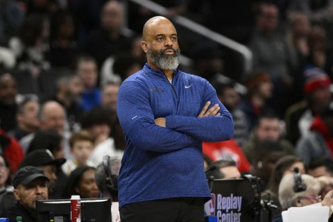Washington Wizards head coach Wes Unseld Jr. looks on during the first half of an NBA basketball game against the Denver Nuggets, Sunday, Jan. 21, 2024, in Washington. (AP Photo/Nick Wass)
