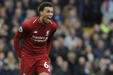 Liverpool's Trent Alexander-Arnold reacts during the English Premier League soccer match between Liverpool and Tottenham Hotspur at Anfield stadium in Liverpool, England, Sunday, March 31, 2019. (AP Photo/Rui Vieira)