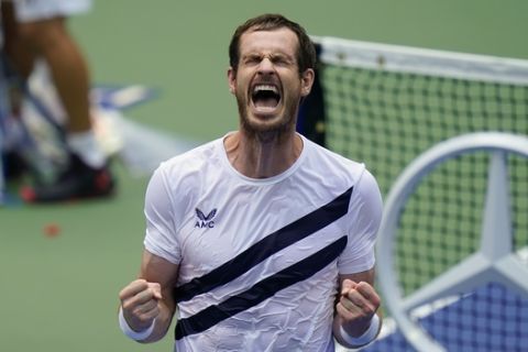 Andy Murray, of Great Britain, reacts after defeating Yoshihito Nishioka, of Japan, during the first round of the US Open tennis championships, Tuesday, Sept. 1, 2020, in New York. (AP Photo/Seth Wenig)