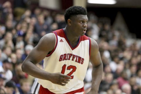 Spartanburg Day's Zion Williamson #12 in action against Chino Hills during a high school basketball game at the Hoophall Classic, Saturday, January 13, 2018, in Springfield,MA. Chino Hills won the game. (AP Photo/Gregory Payan)