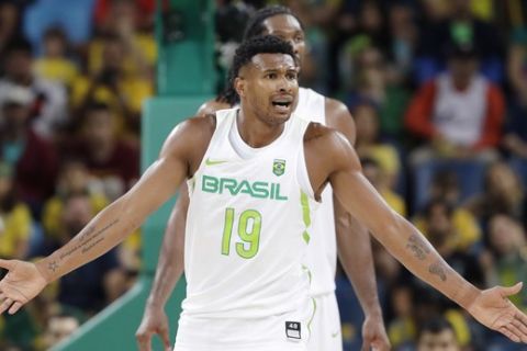 Brazil's Leandro Barbosa (19) questions a call during a men's basketball game against Croatia at the 2016 Summer Olympics in Rio de Janeiro, Brazil, Thursday, Aug. 11, 2016. (AP Photo/Eric Gay)