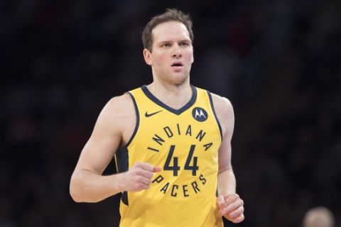 Indiana Pacers forward Bojan Bogdanovic runs down court in the second half of an NBA basketball game against the New York Knicks, Friday, Jan. 11, 2019, at Madison Square Garden in New York. The Pacers won 121-106. (AP Photo/Mary Altaffer)