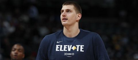 Denver Nuggets center Nikola Jokic (15) in the first half of Game 2 of an NBA basketball second-round playoff series Wednesday, May 1, 2019, in Denver. (AP Photo/David Zalubowski)