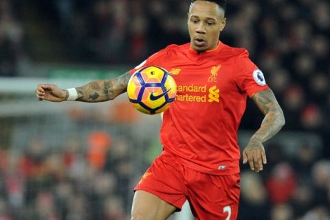 Liverpools Nathaniel Clyne during the English Premier League soccer match between Liverpool and Tottenham Hotspur at Anfield, Liverpool, England, Saturday, Feb. 11, 2017. (AP Photo/Rui Vieira)
