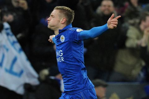 Leicester's Jamie Vardy celebrates scoring his side's second goal during the English Premier League soccer match between Leicester City and Liverpool at the King Power Stadium in Leicester, England, Monday, Feb. 27, 2017. (AP Photo/Rui Vieira)