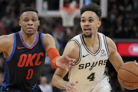 San Antonio Spurs' Derrick White (4) drives against Oklahoma City Thunder's Russell Westbrook during the second half of an NBA basketball game, Thursday, Jan. 10, 2019, in San Antonio. San Antonio won 154-147 in double overtime. (AP Photo/Darren Abate)
