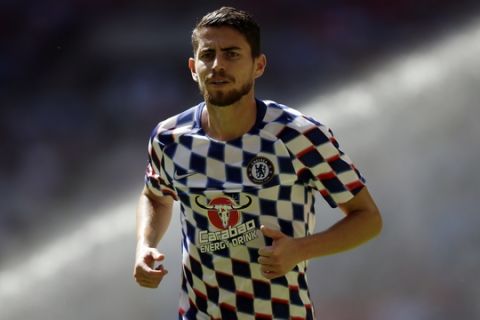 Chelsea's Jorginho during a warm up before the Community Shield soccer match between Chelsea and Manchester City at Wembley, London, Sunday, Aug. 5, 2018. (AP Photo/Tim Ireland)