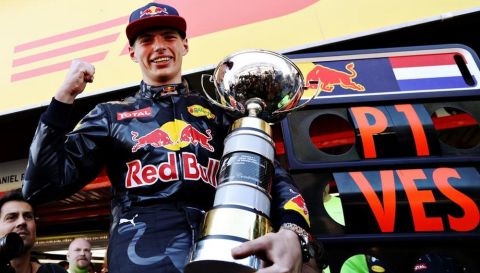 MONTMELO, SPAIN - MAY 15:  Max Verstappen of Netherlands and Red Bull Racing celebrates his win with his trophy during the Spanish Formula One Grand Prix at Circuit de Catalunya on May 15, 2016 in Montmelo, Spain.  (Photo by Mark Thompson/Getty Images)