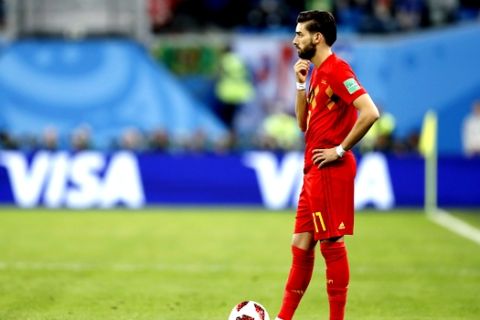 Belgium's Yannick Carrasco stands during the semifinal match between France and Belgium at the 2018 soccer World Cup in the St. Petersburg Stadium, in St. Petersburg, Russia, Tuesday, July 10, 2018. (AP Photo/David Vincent)
