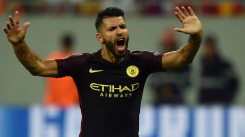 Manchester City's Argentinian striker Sergio Aguero celebrates scoring a goal during the UEFA Champions league first leg play-off football match between Steaua Bucharest and Manchester City at the National Arena stadium in Bucharest on August 16, 2016.  / AFP / DANIEL MIHAILESCU        (Photo credit should read DANIEL MIHAILESCU/AFP/Getty Images)
