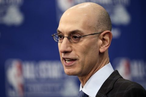 NBA Commissioner Adam Silver speaks during the NBA All-Star festivities, Saturday, Feb. 16, 2019, in Charlotte, N.C. The 68th All-Star game will be played Sunday. (AP Photo/Gerry Broome)